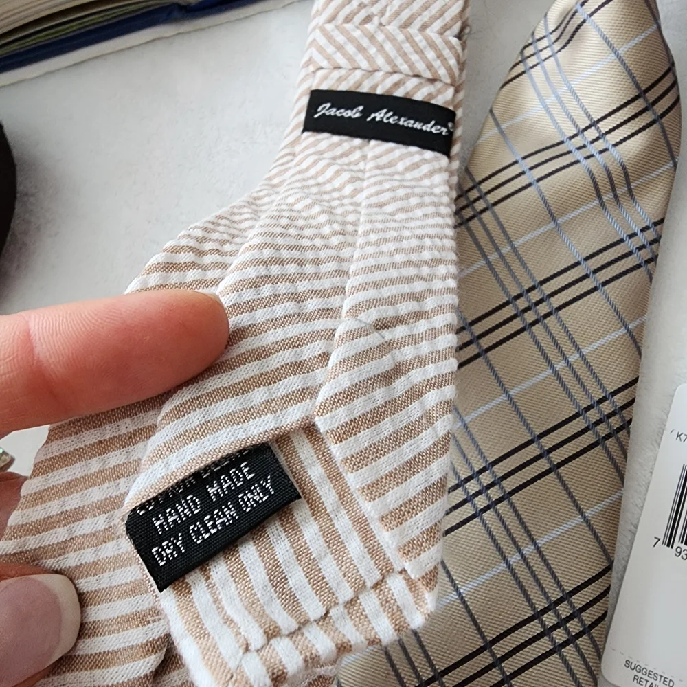 Boys Dress Tie Bundle (3): Solid Lilac Calvin Klein + Neutral Plaid + Striped